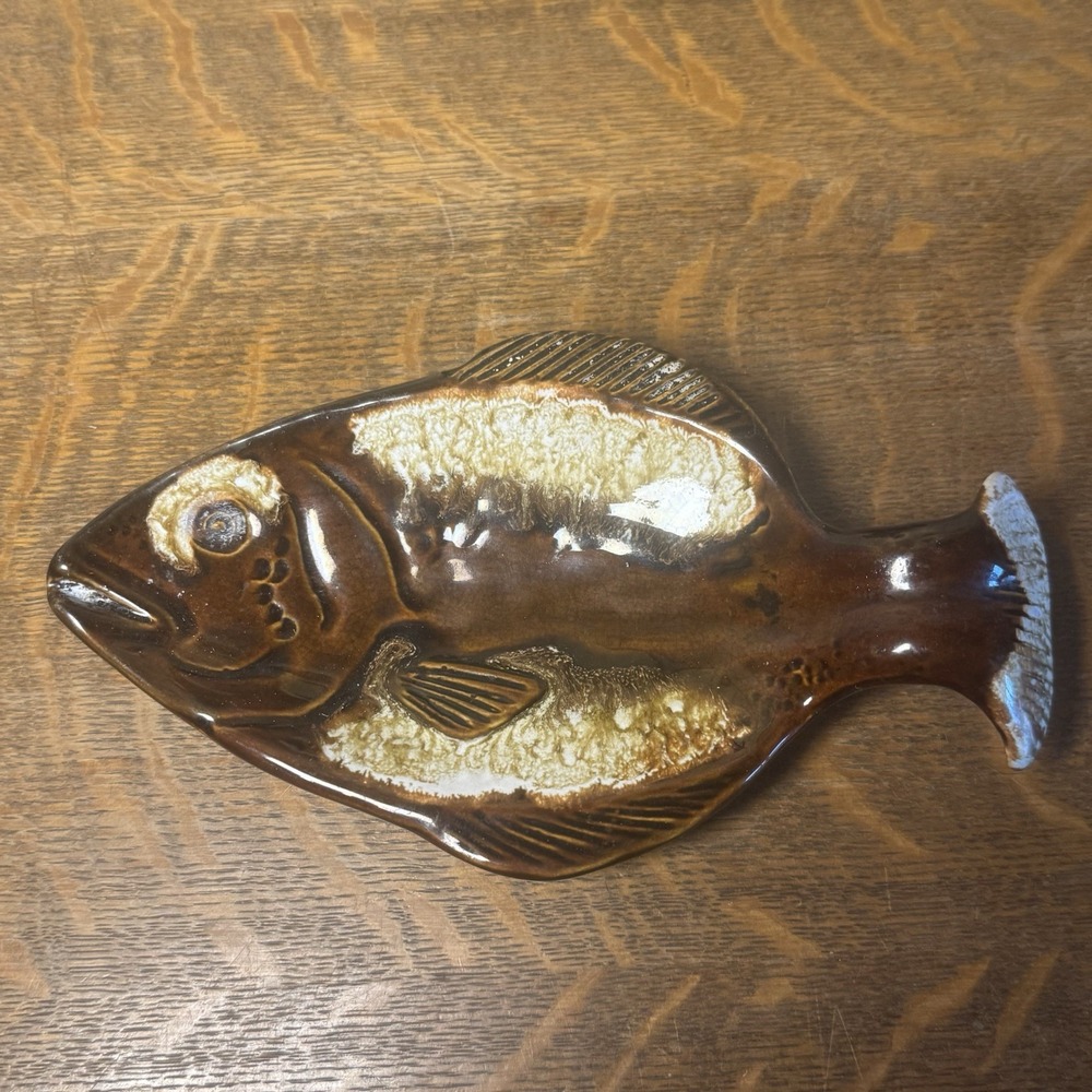 Vintage Ceramic Fish Shaped Serving Dish Brown Cream Glaze 9" Mid Century Decor